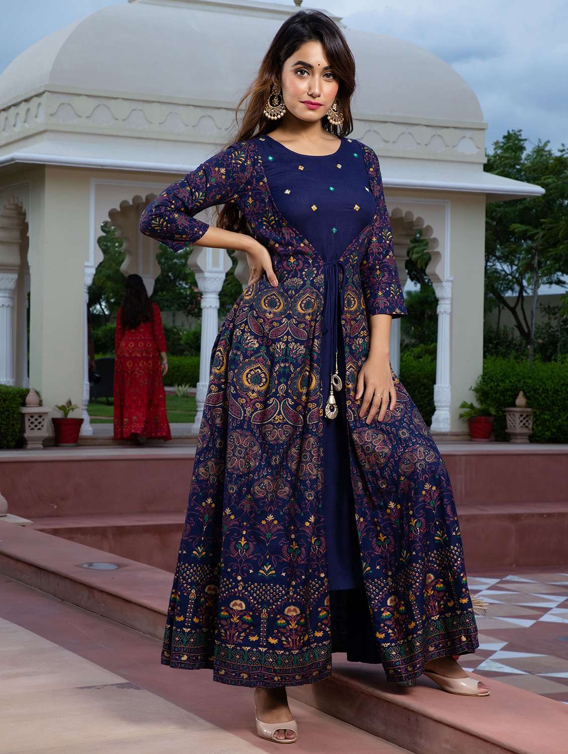 women printed three quarter sleeve a-line ethnic dress - 22079790 - Standard Image - 2