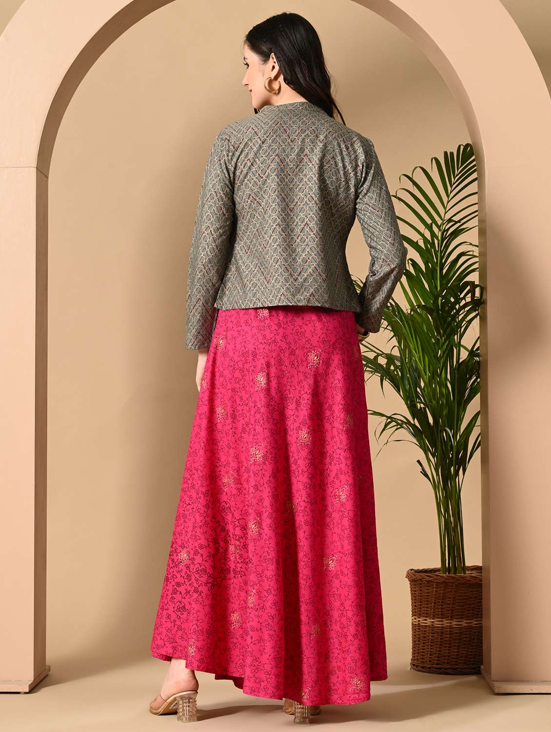 women printed long sleeve kurta with jacket ethnic dress - 22079791 - Standard Image - 2