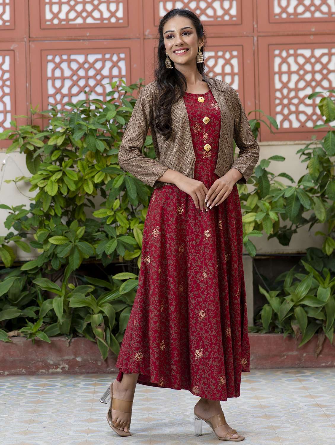 women printed long sleeve kurta with jacket ethnic dress - 22079792 - Standard Image - 2