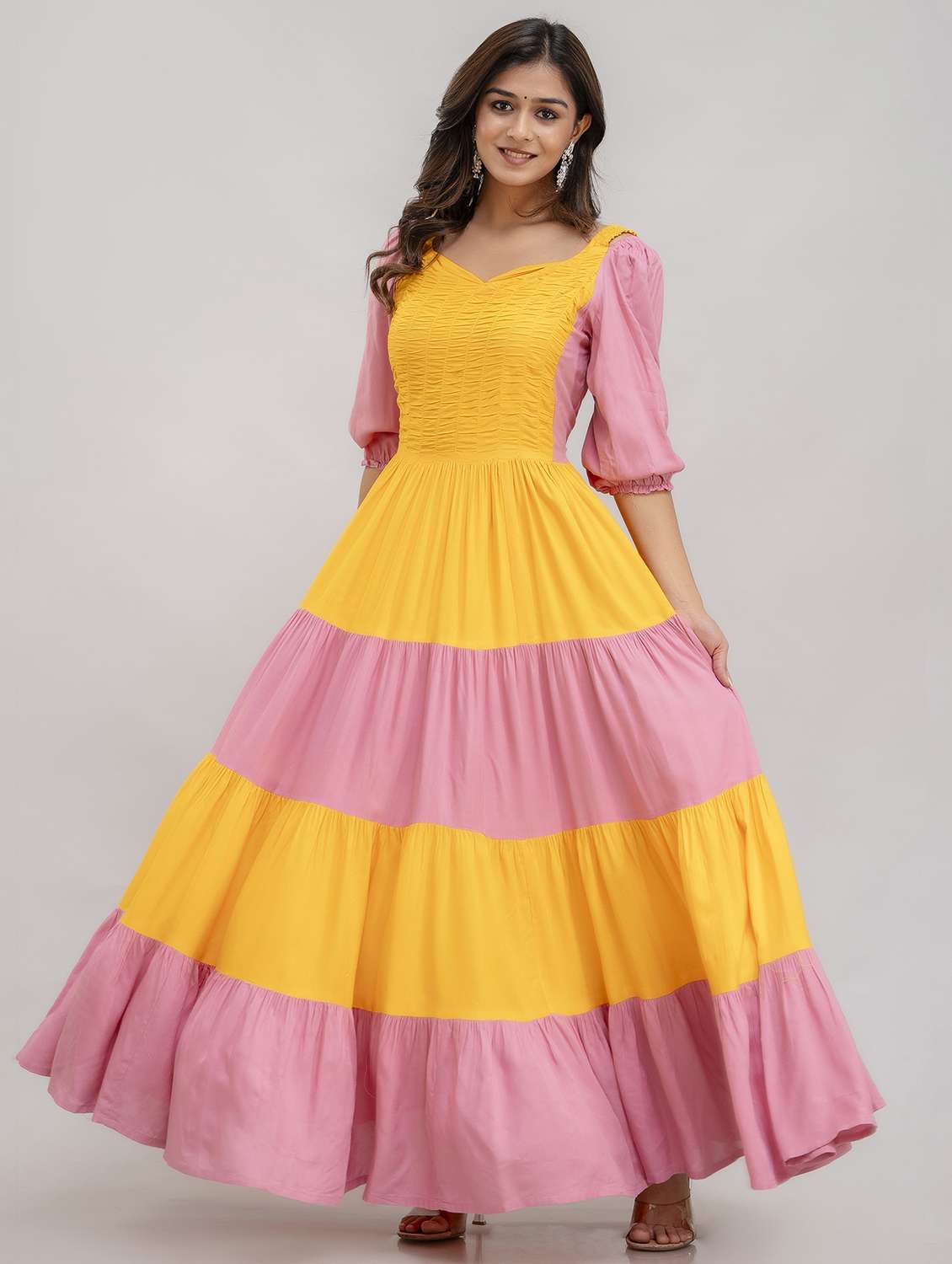women color block puff sleeve tiered maxi dress - 22079793 - Standard Image - 2