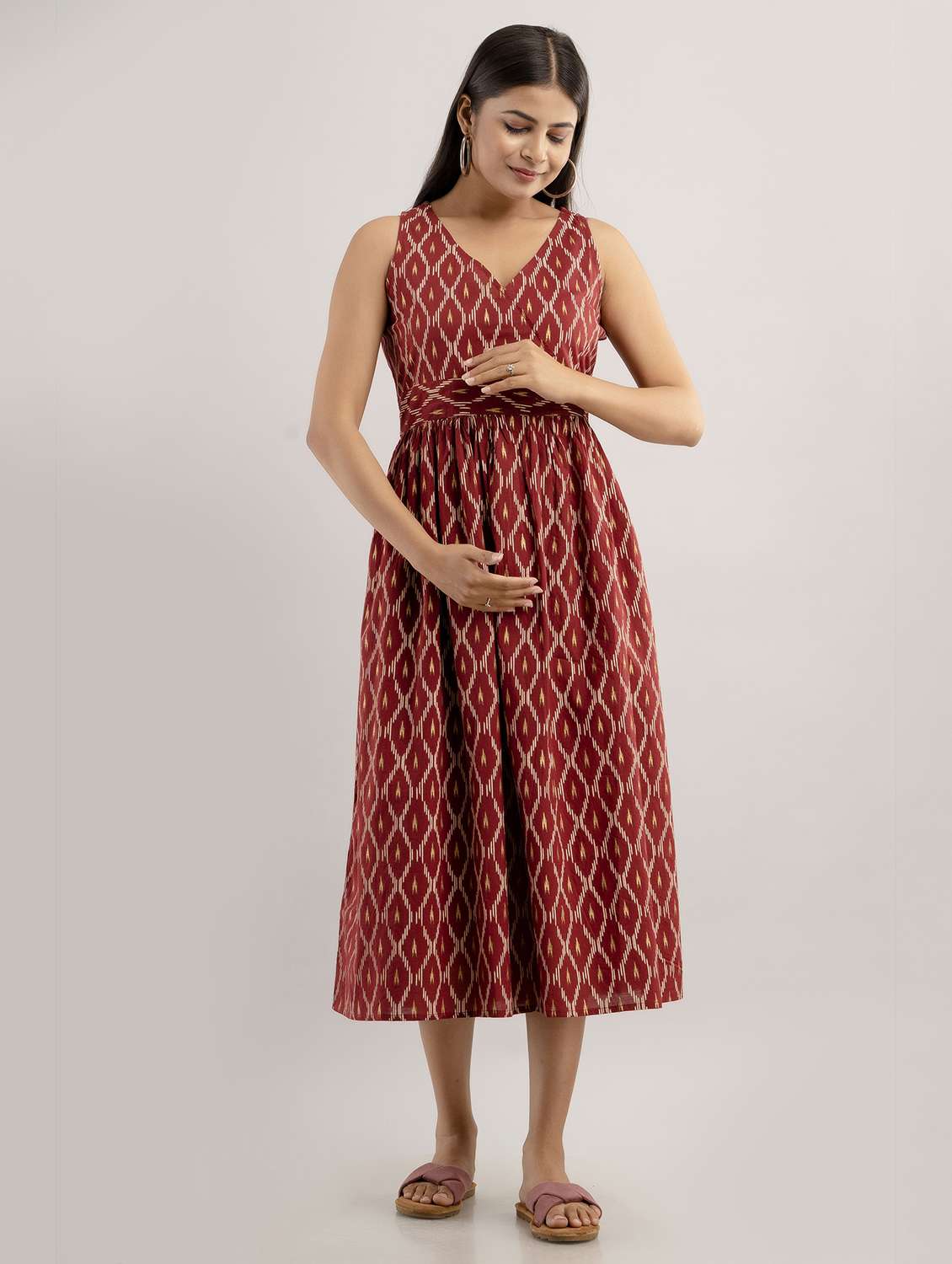 women printed tie up neck maternity wear dress - 22079794 - Standard Image - 2