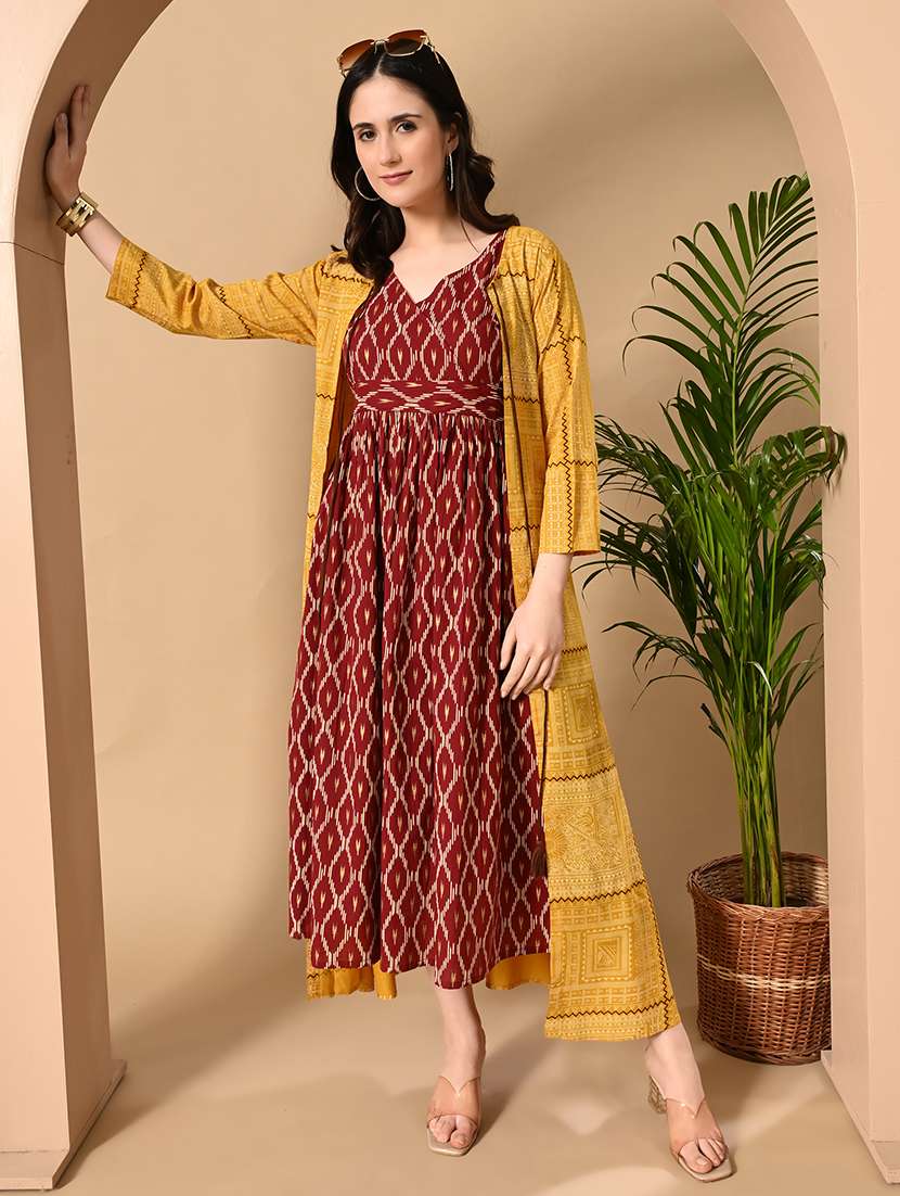 women printed three quarter sleeve ethnic dress - 22079795 - Standard Image - 2