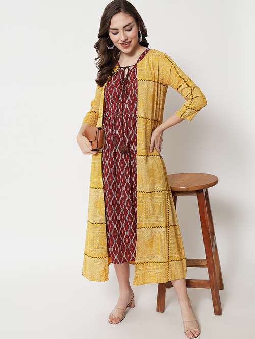 women printed three quarter sleeve ethnic dress - 22079796 -  Standard Image - 0