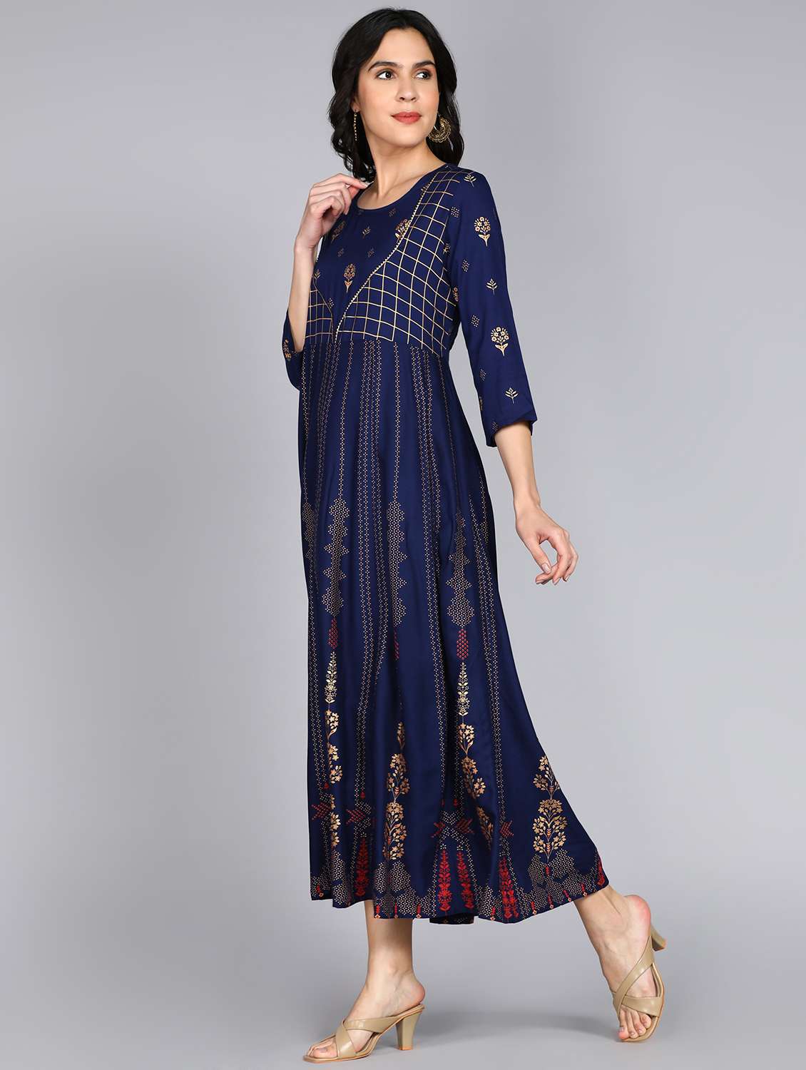 women foil printed three quarter sleeve ethnic dress - 22079799 - Standard Image - 2