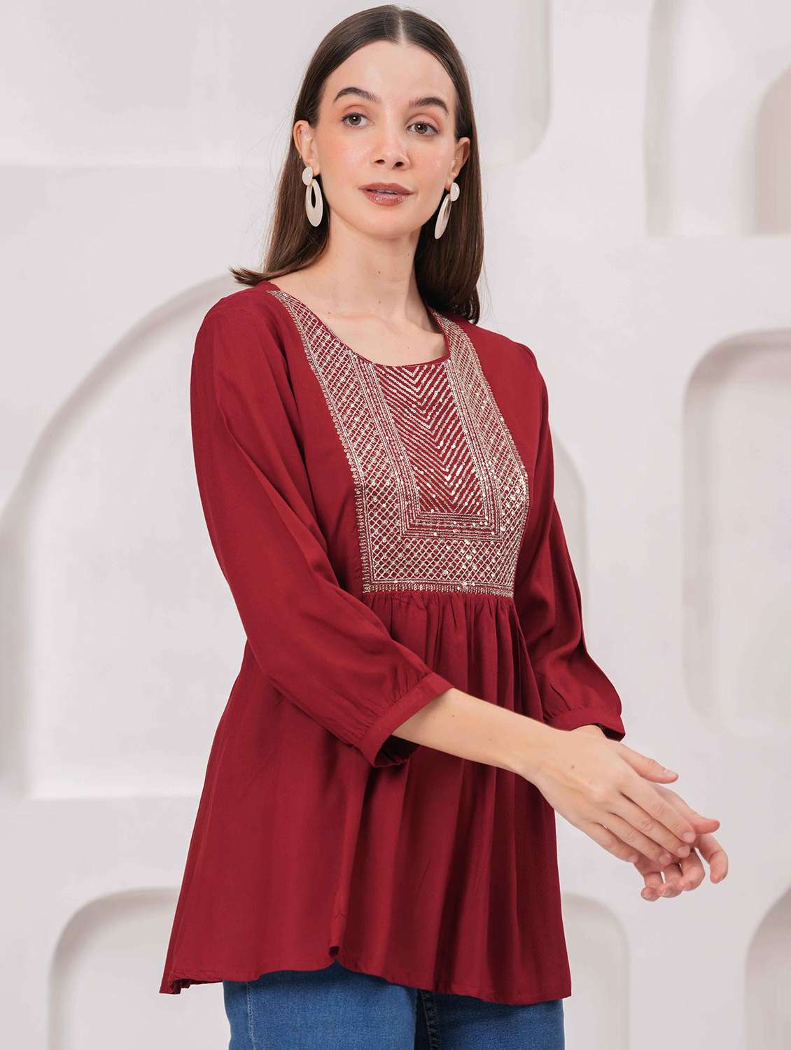 women embroidered three quarter sleeve kurti - 22079816 - Standard Image - 2