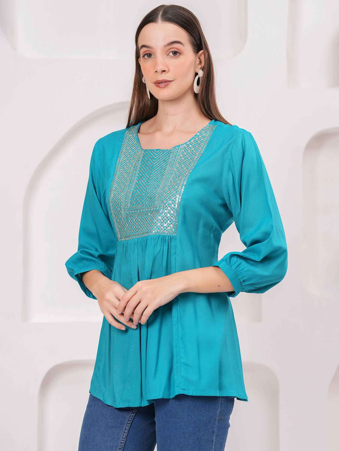 women embroidered three quarter sleeve kurti - 22079819 - Standard Image - 2