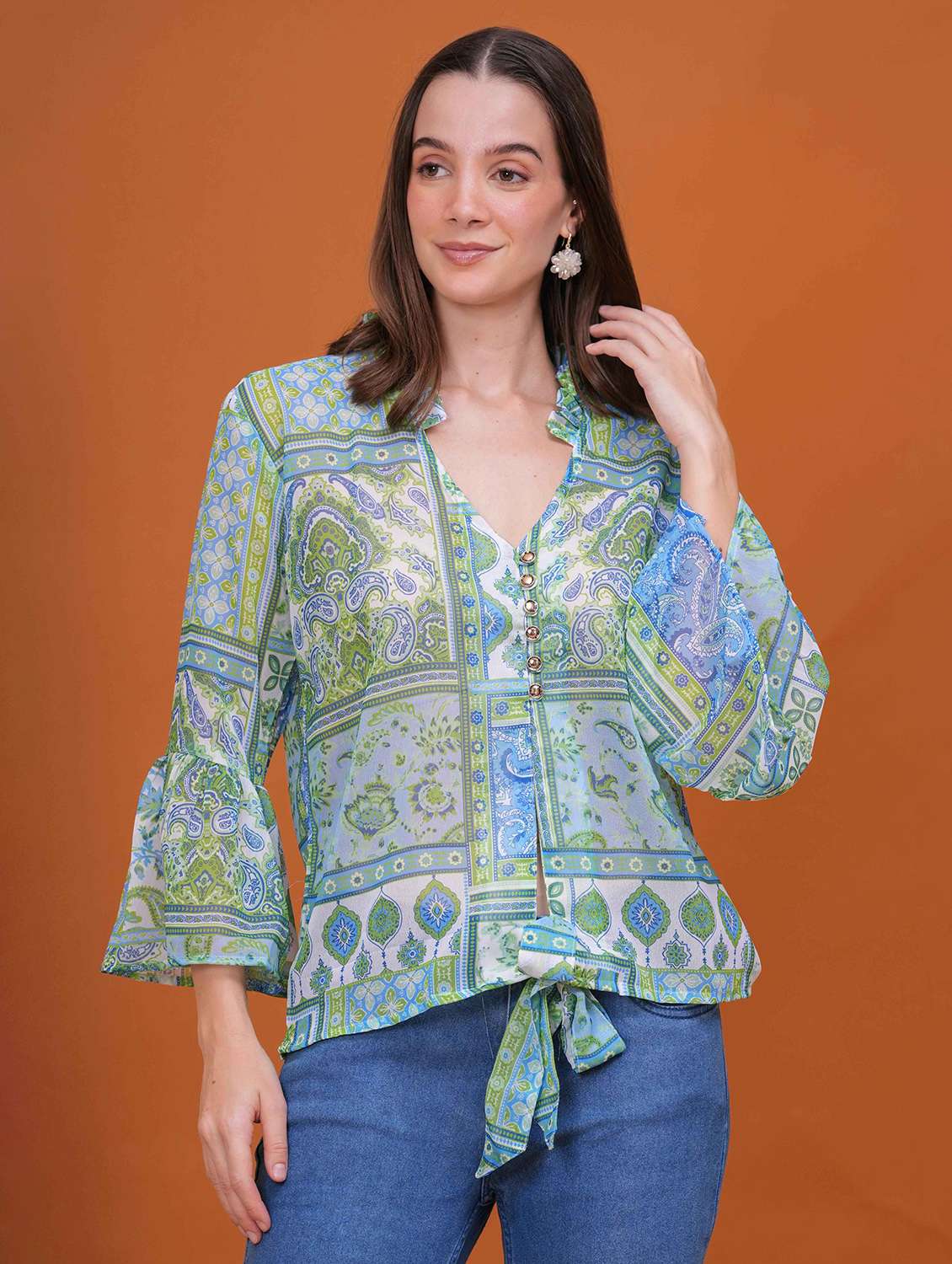 women printed bell slevee regular top - 22079820 -  Zoom Image - 0