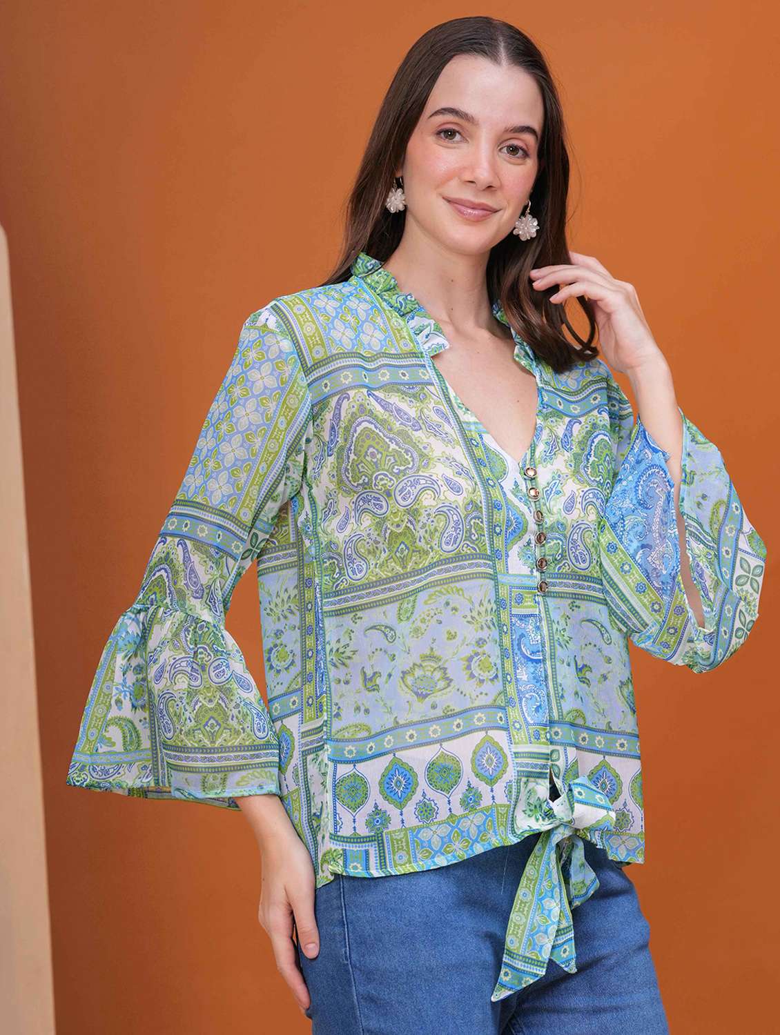 women printed bell slevee regular top - 22079820 - Standard Image - 2