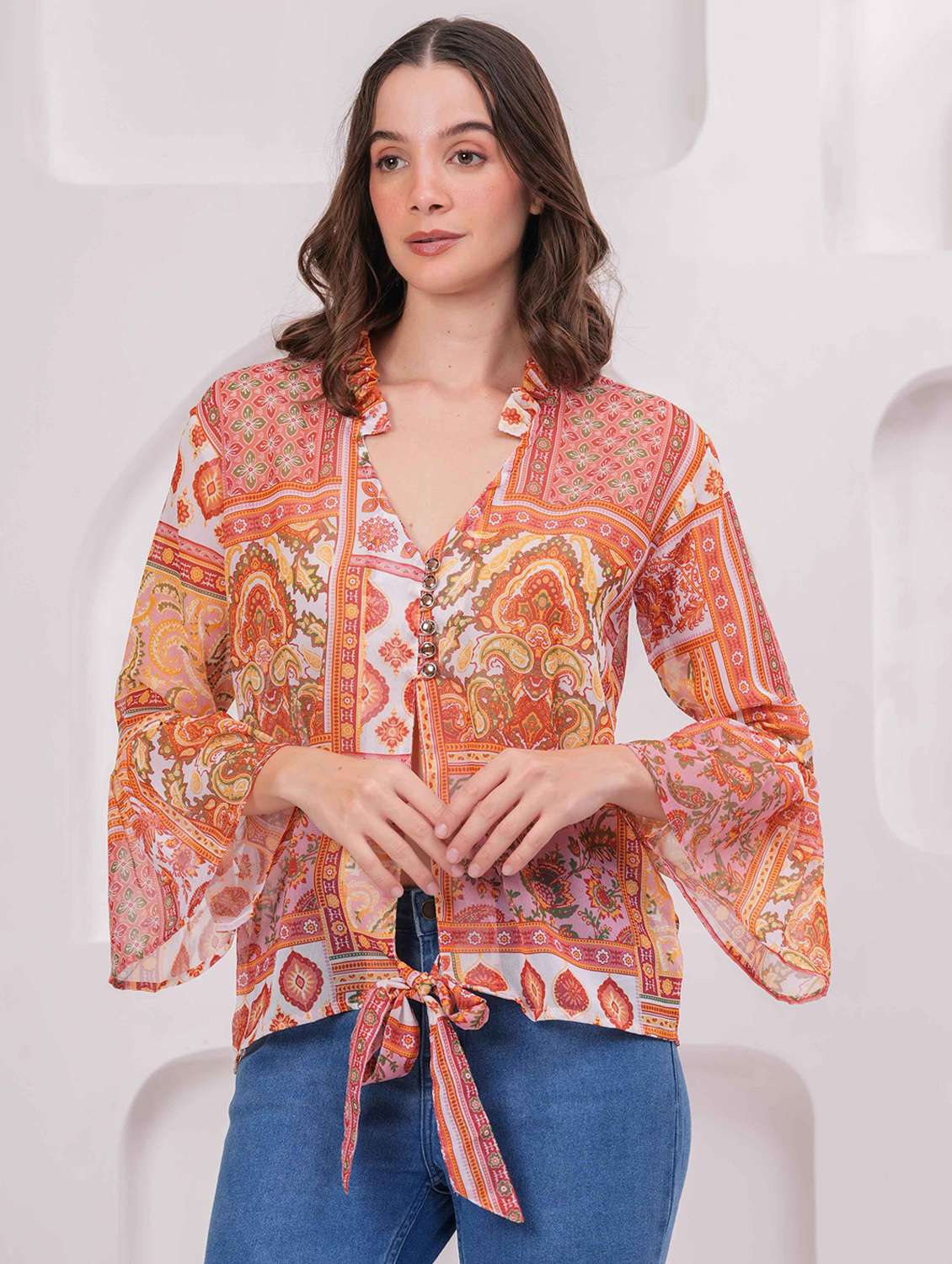 women printed bell sleeve regular top - 22079821 - Standard Image - 2