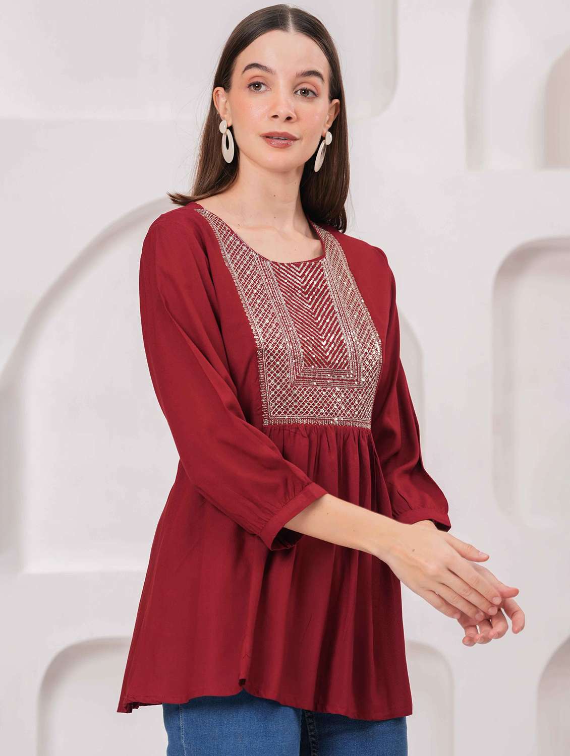 women embroidered three quarter sleeve kurti - 22079822 - Standard Image - 2