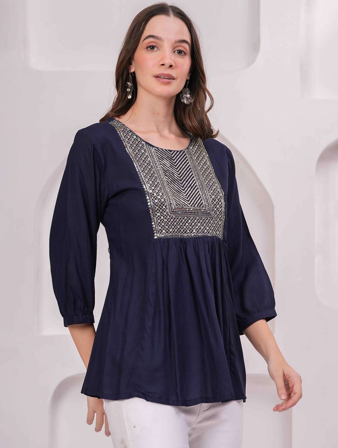 women embroidered three quarter sleeve kurti - 22079823 - Standard Image - 2
