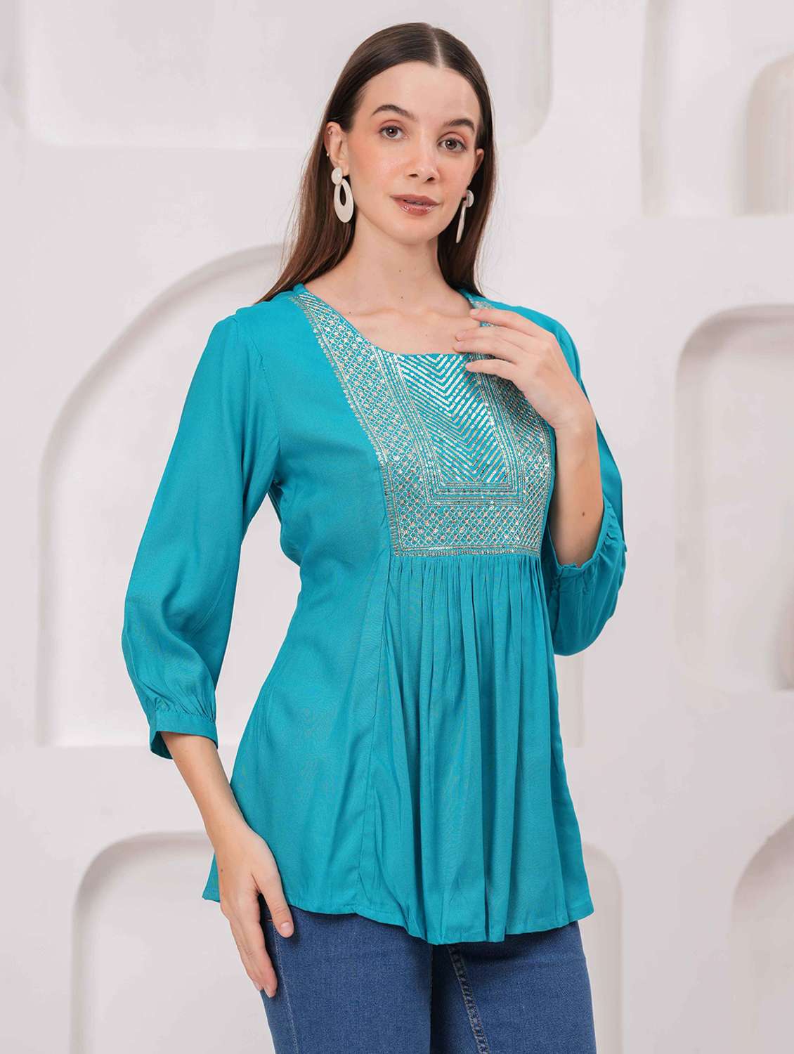 women embroidered three quarter sleeve kurti - 22079825 - Standard Image - 2