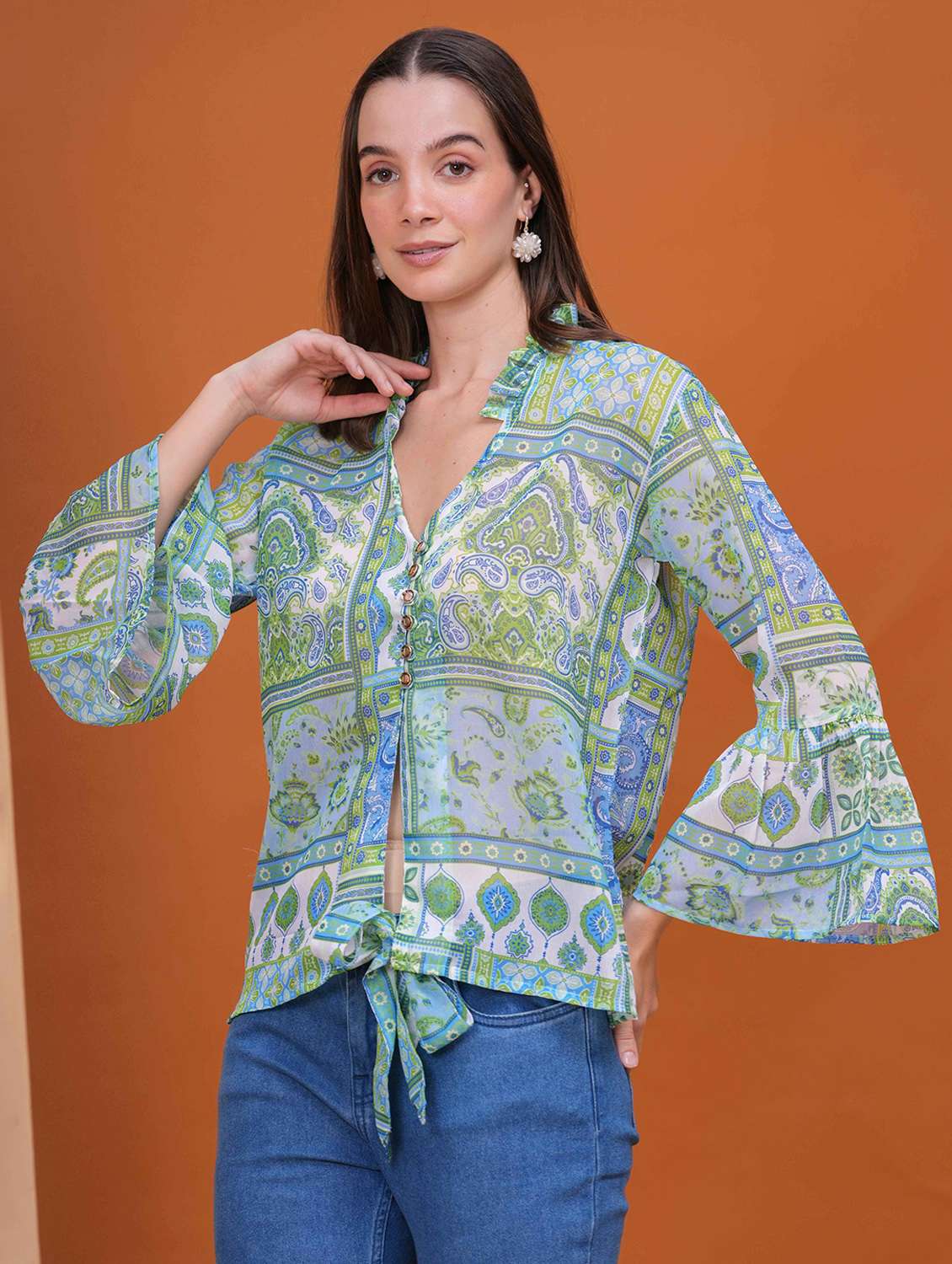 women printed bell slevee regular top - 22079826 -  Zoom Image - 0
