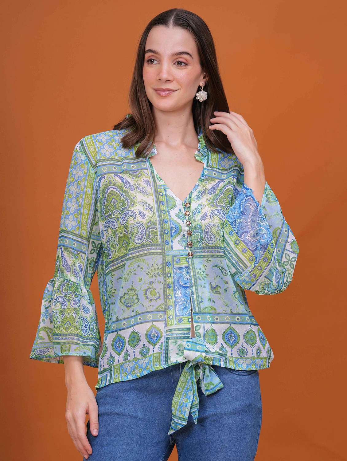 women printed bell slevee regular top - 22079826 - Standard Image - 2