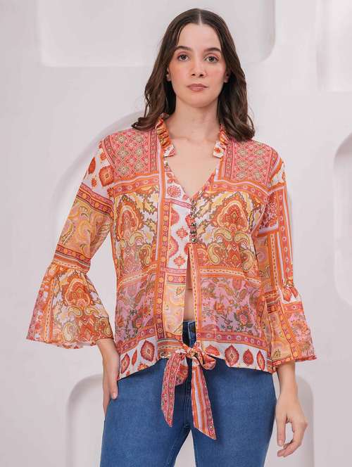 women printed bell slevee regular top - 22079827 - Standard Image - 0