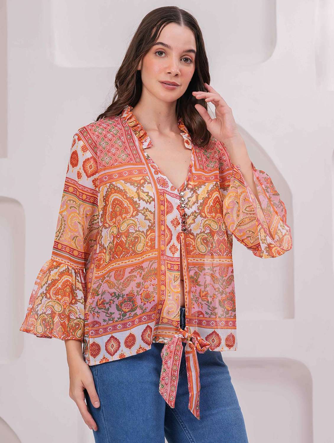 women printed bell slevee regular top - 22079827 - Standard Image - 2