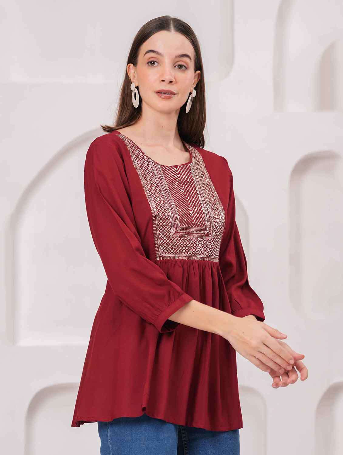 women embroidered three quarter sleeve kurti - 22079844 - Standard Image - 2