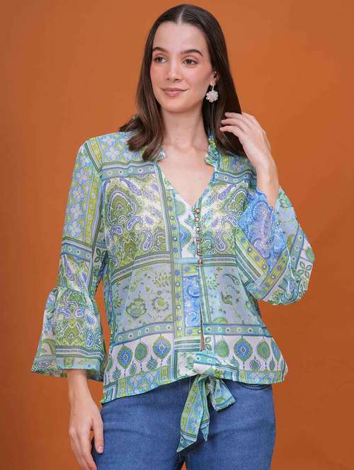 women printed bell slevee regular top - 22079848 - Standard Image - 0