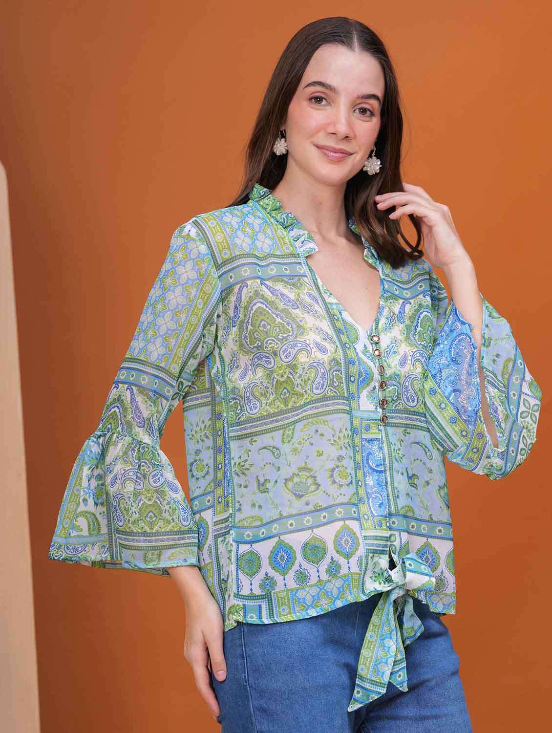 women printed bell slevee regular top - 22079848 - Standard Image - 2