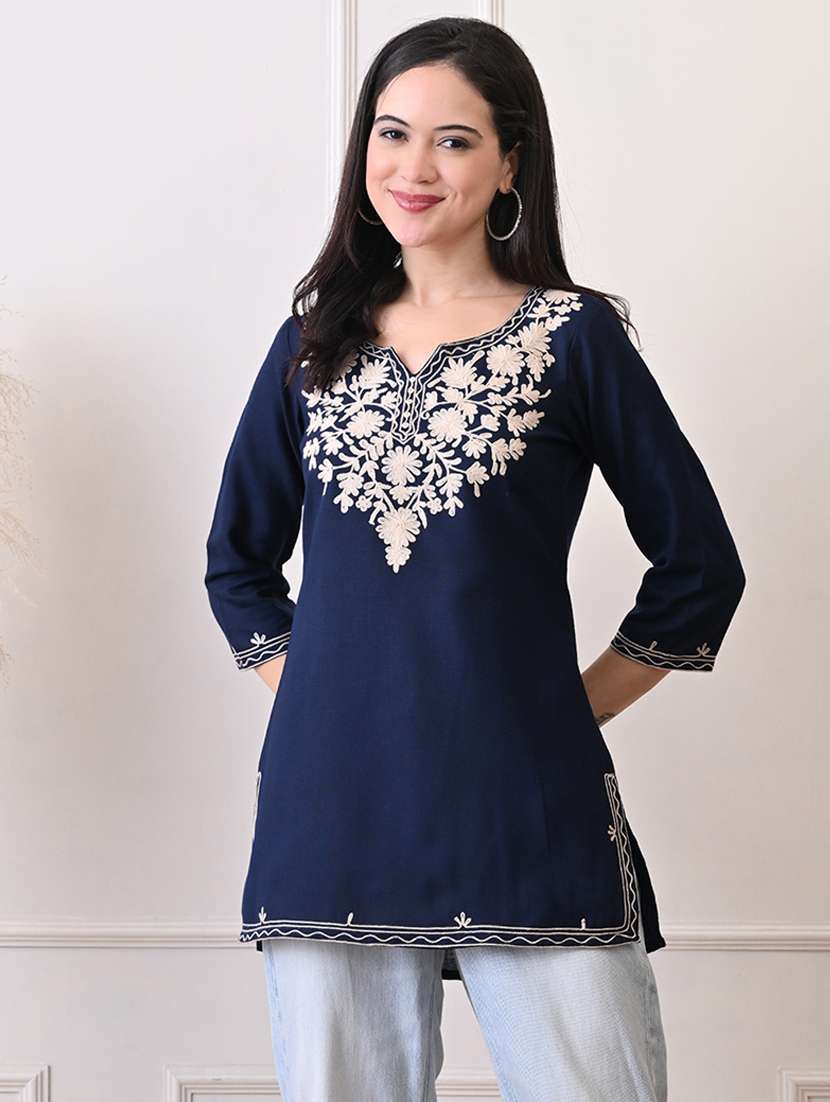 women embroidered three quarter sleeve straight kurti