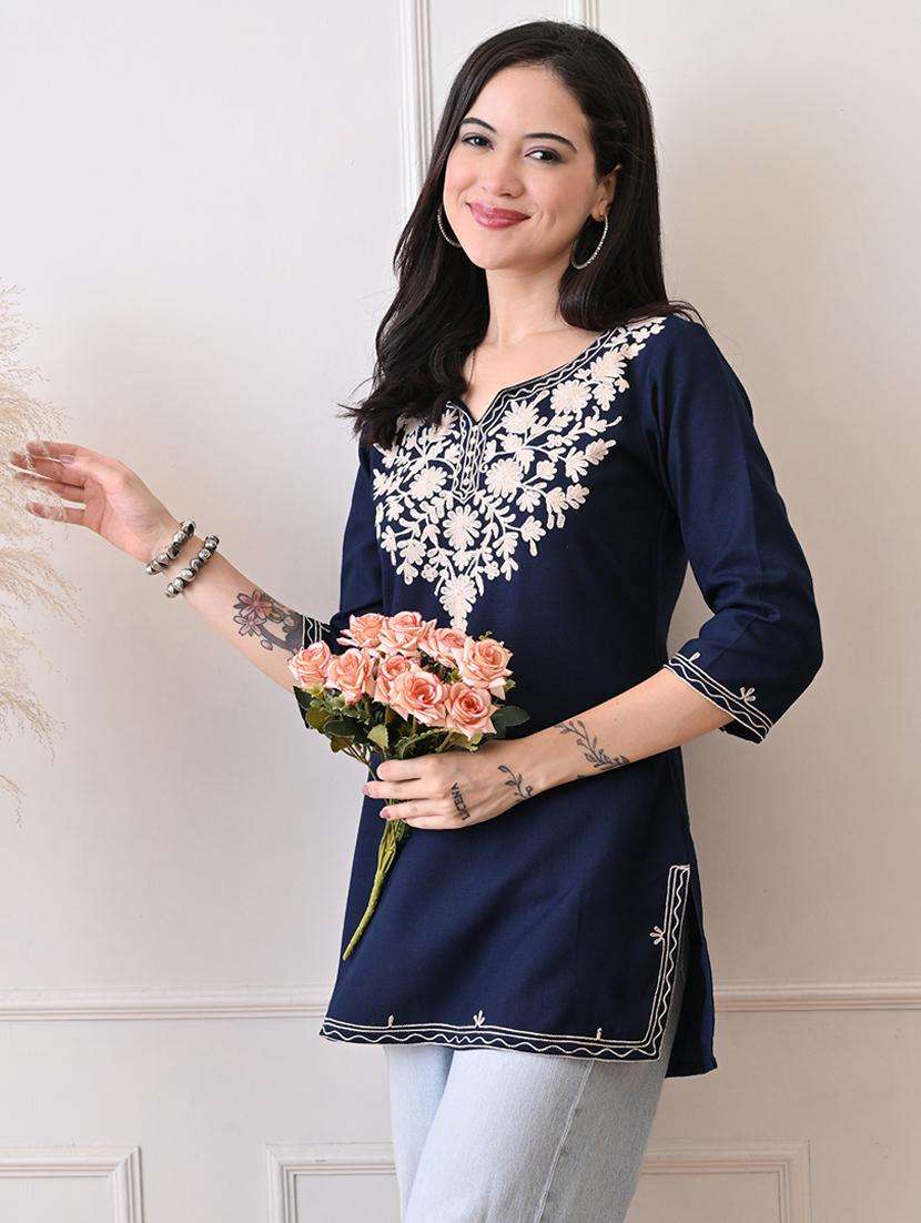 women embroidered three quarter sleeve straight kurti