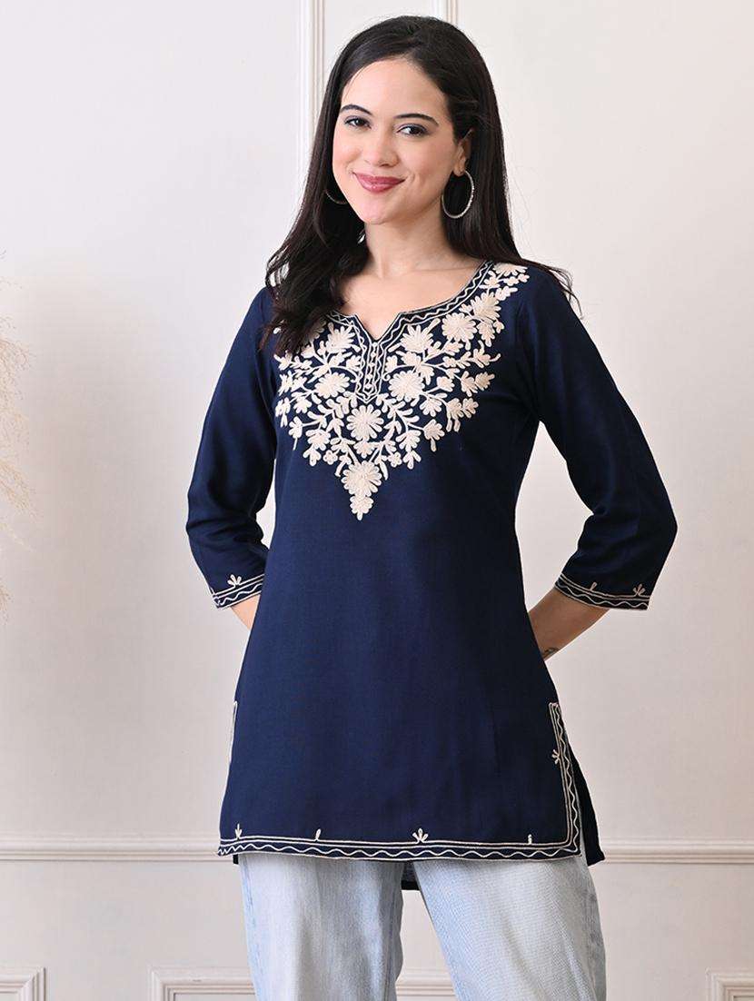 women embroidered three quarter sleeve straight kurti - 22079861 -  Standard Image - 2