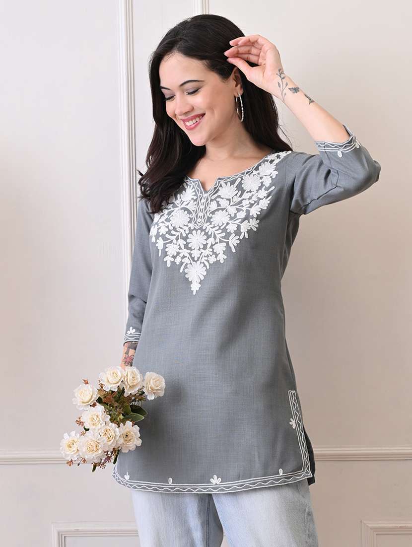 women embroidered three quarter sleeve straight kurti