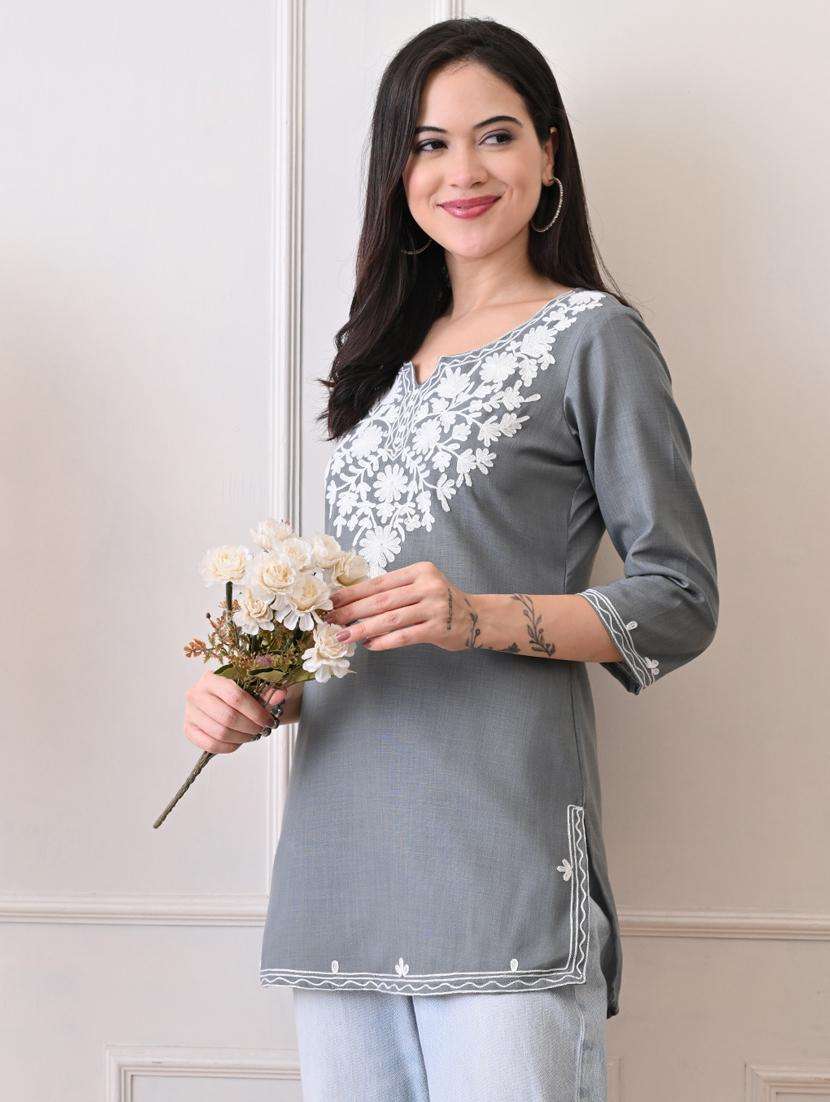 women embroidered three quarter sleeve straight kurti - 22079862 -  Standard Image - 2