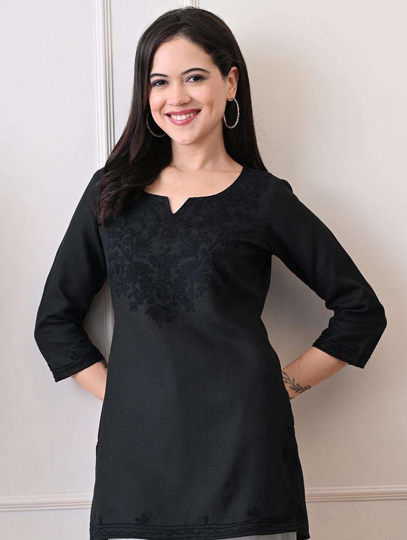 women embroidered three quarter sleeve straight kurti