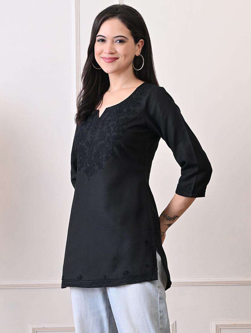 women embroidered three quarter sleeve straight kurti - 22079863 -  Standard Image - 2