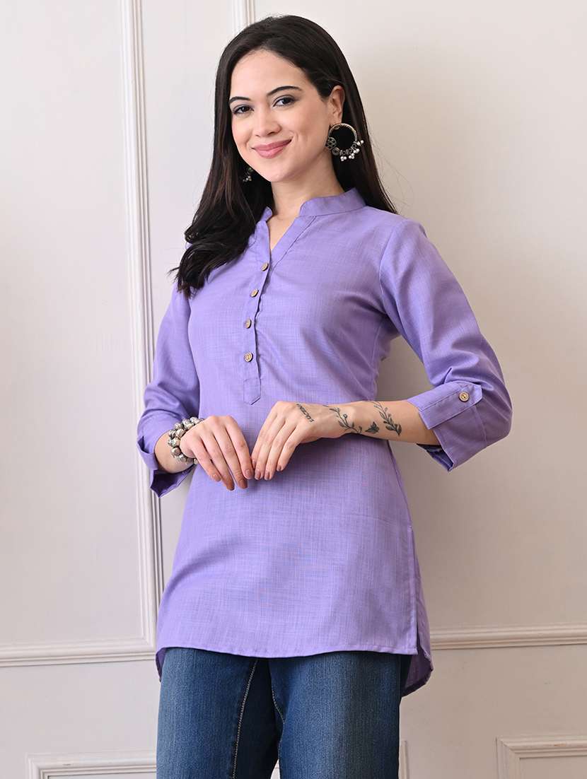 women solid three quarter sleeve straight kurti - 22079865 -  Standard Image - 2