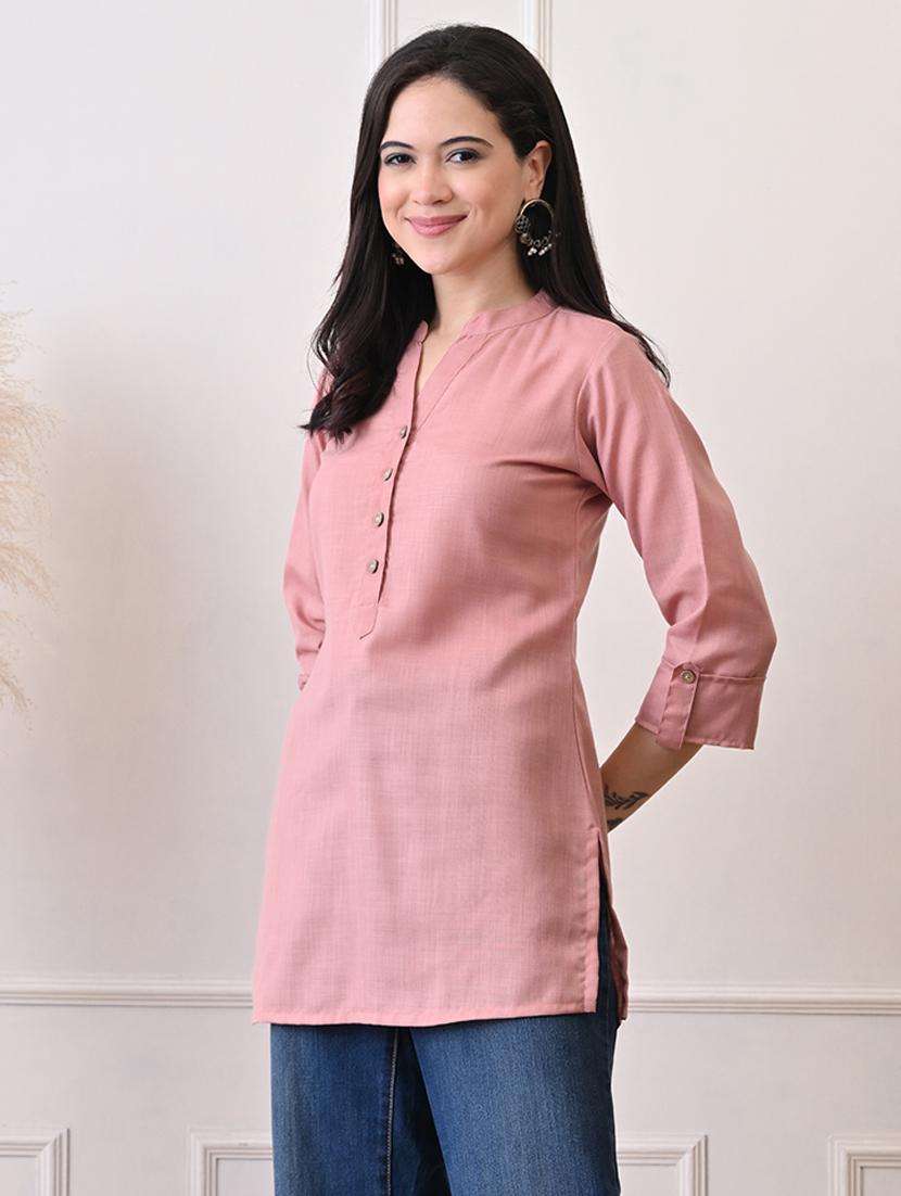women solid three quarter sleeve straight kurti - 22079866 -  Standard Image - 2