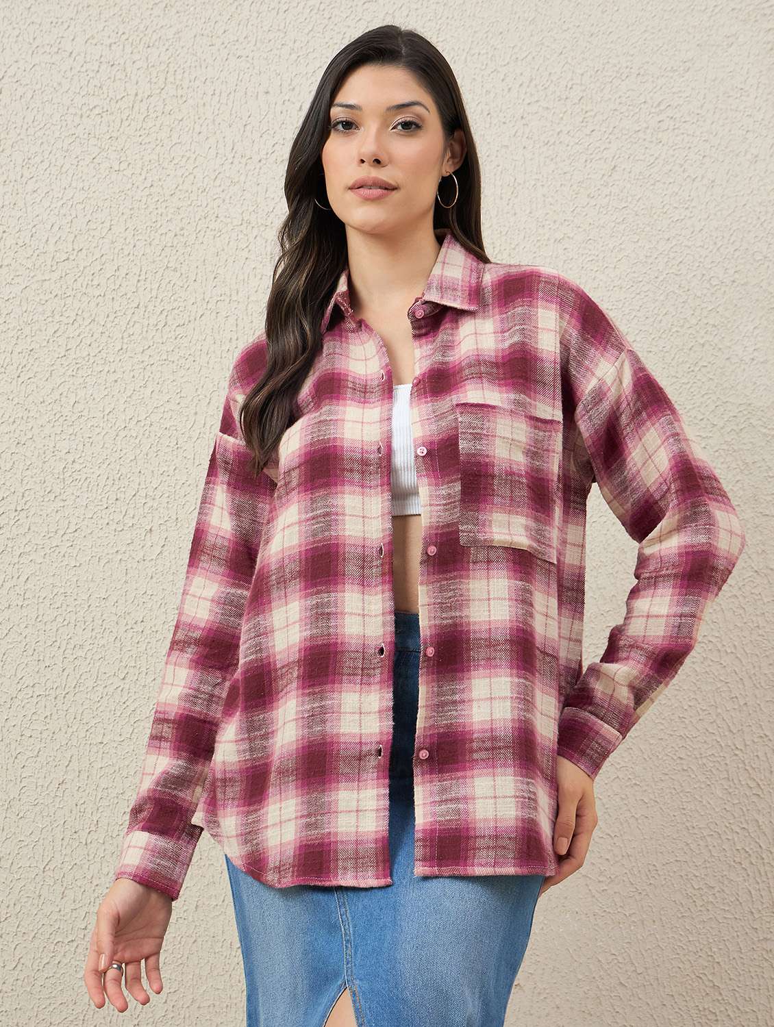women checkered long sleeve collared oversized shirt - 22079869 - Zoom Image - 0