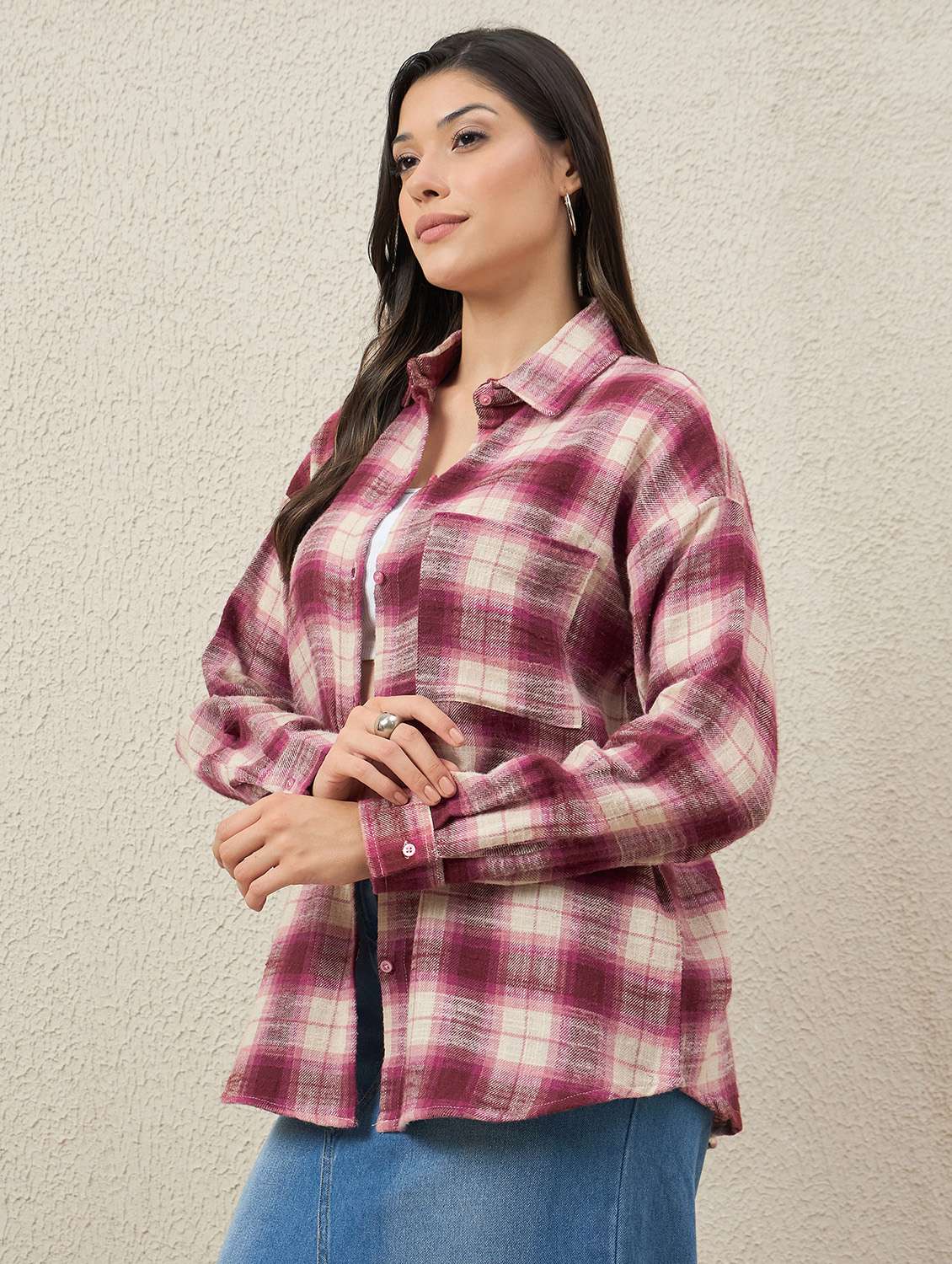 women checkered long sleeve collared oversized shirt - 22079869 - Standard Image - 2