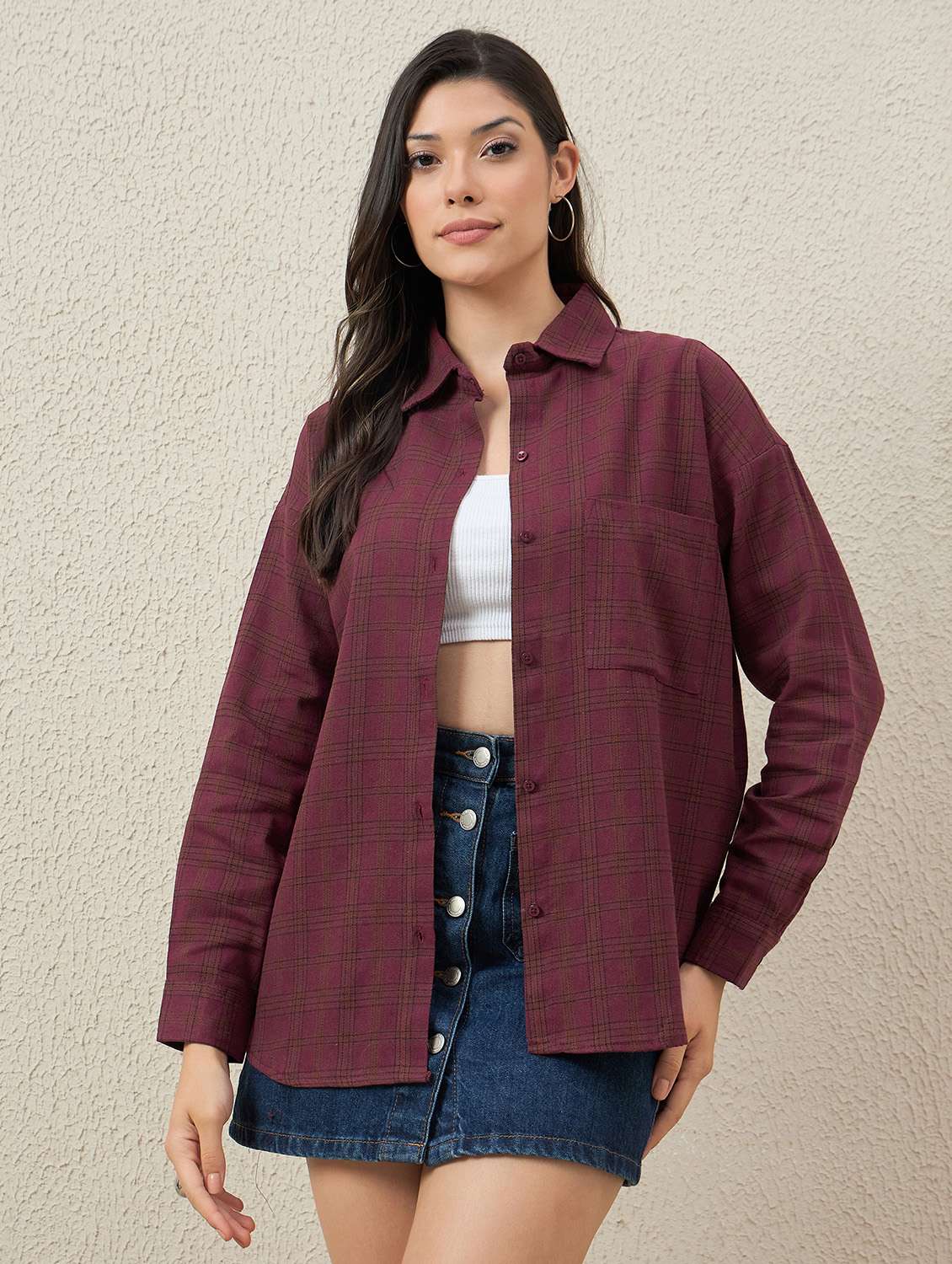 women checkered long sleeve collared oversized shirt