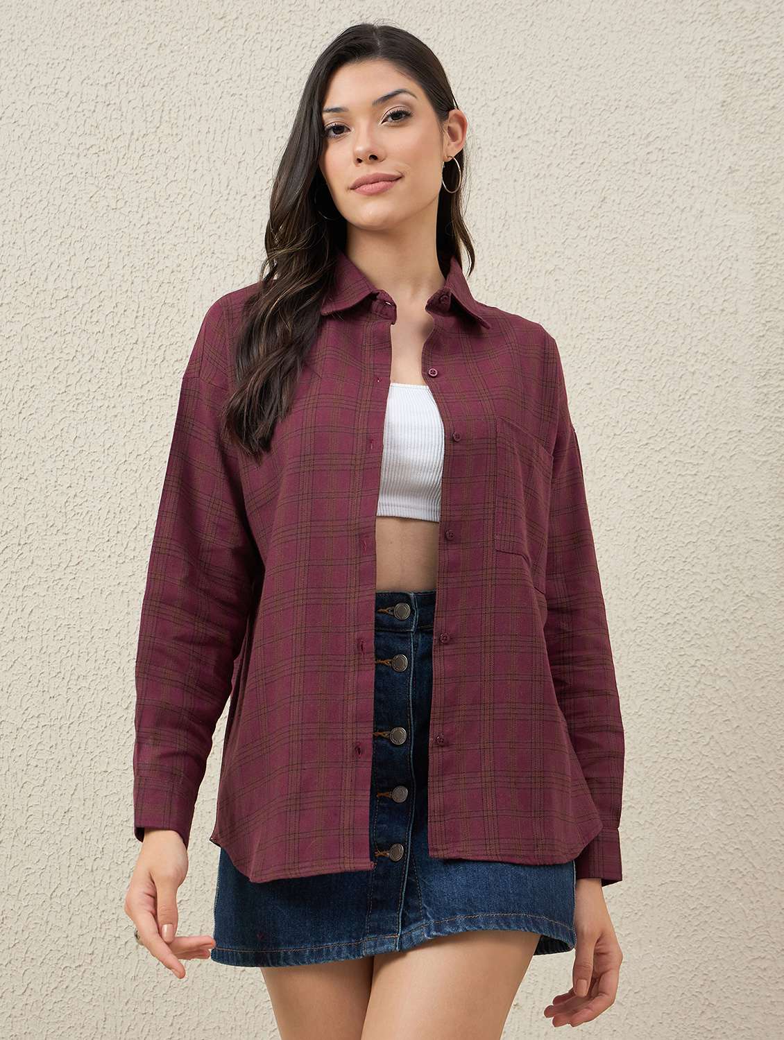 women checkered long sleeve collared oversized shirt - 22079870 - Standard Image - 2