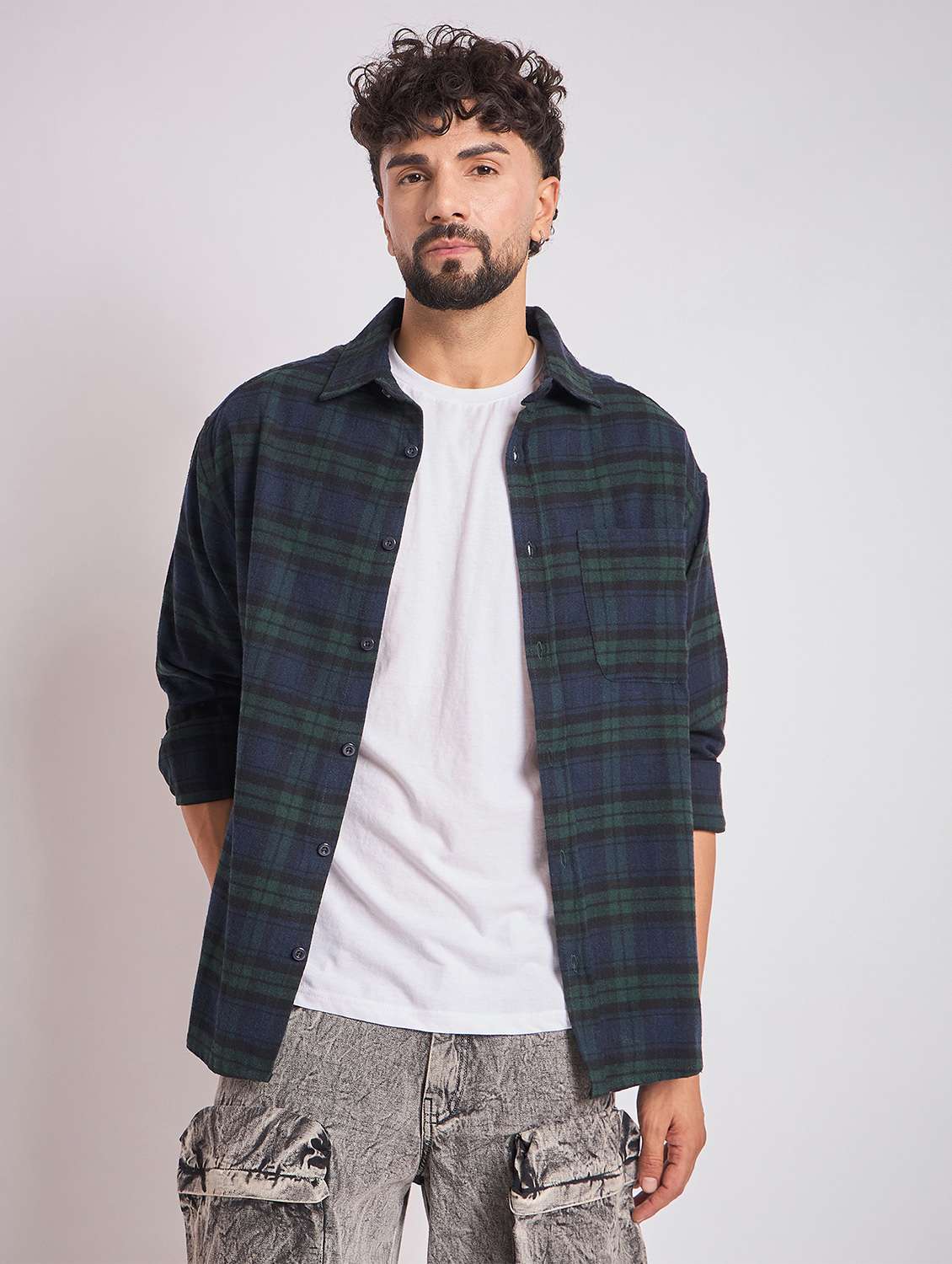 men checkered long sleeve oversized casual shirt