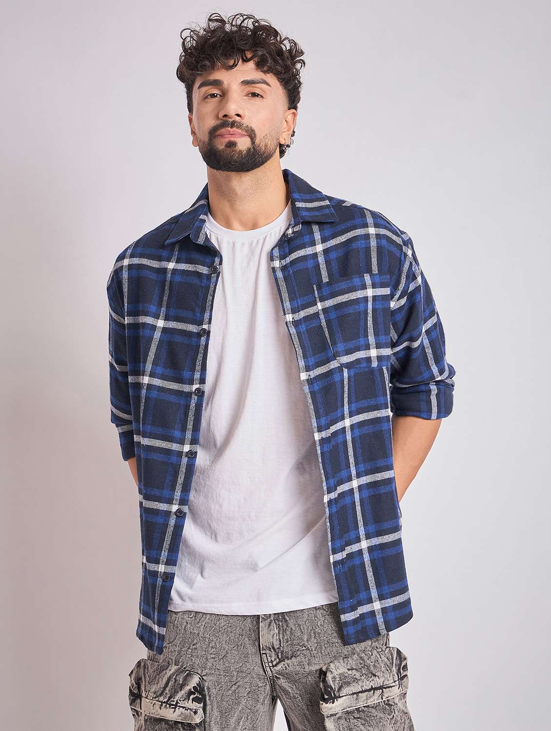 men checkered long sleeve oversized casual shirt