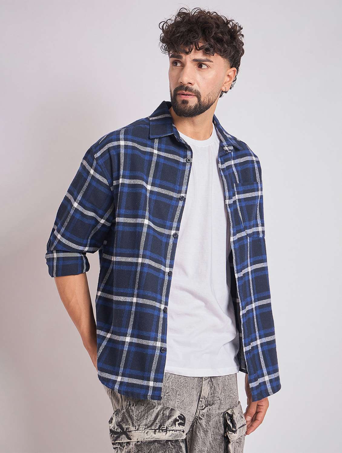 men checkered long sleeve oversized casual shirt - 22079874 - Standard Image - 2