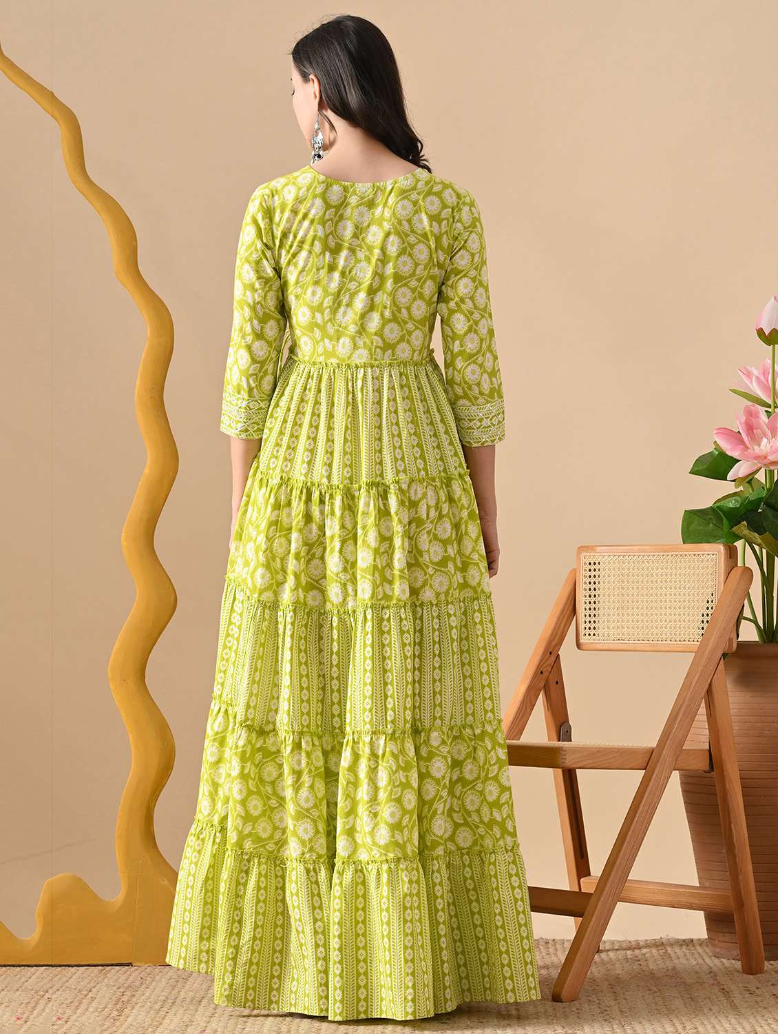 women printed three quarter sleeve ethnic dress - 22079878 - Standard Image - 2