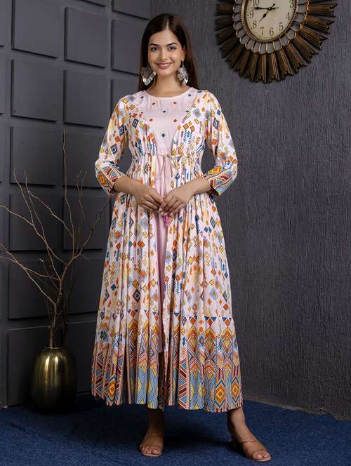 women printed three quarter sleeve ethnic dress - 22079880 -  Standard Image - 0