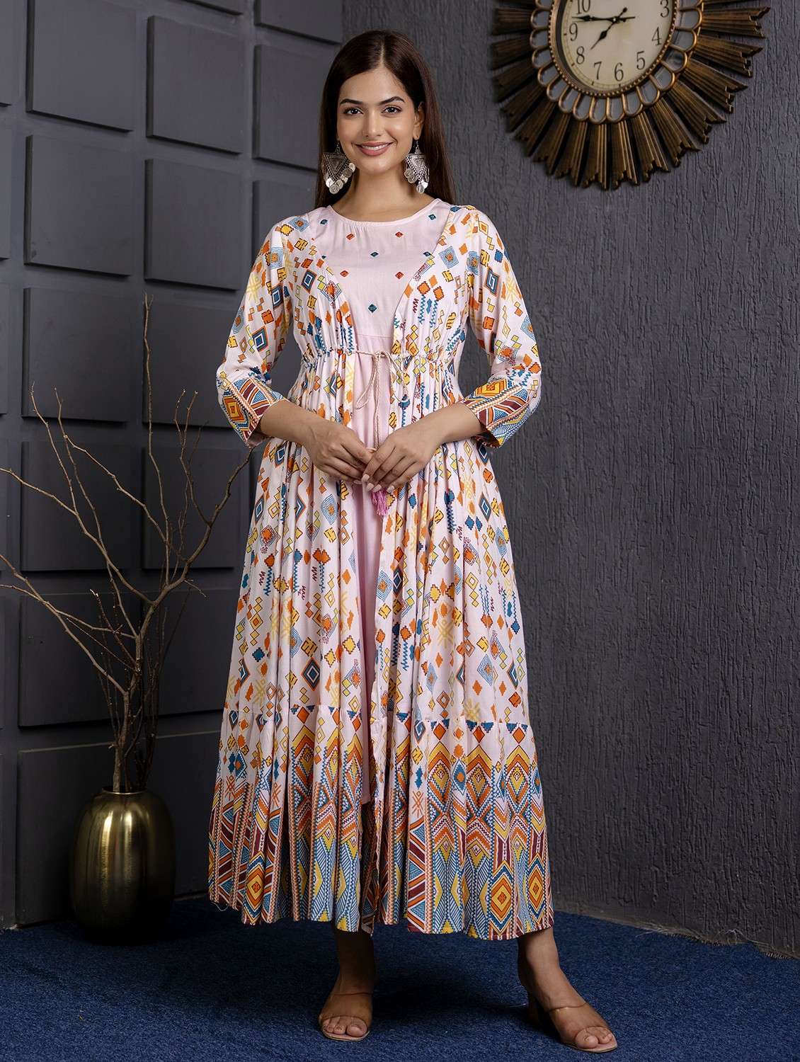 women printed three quarter sleeve ethnic dress