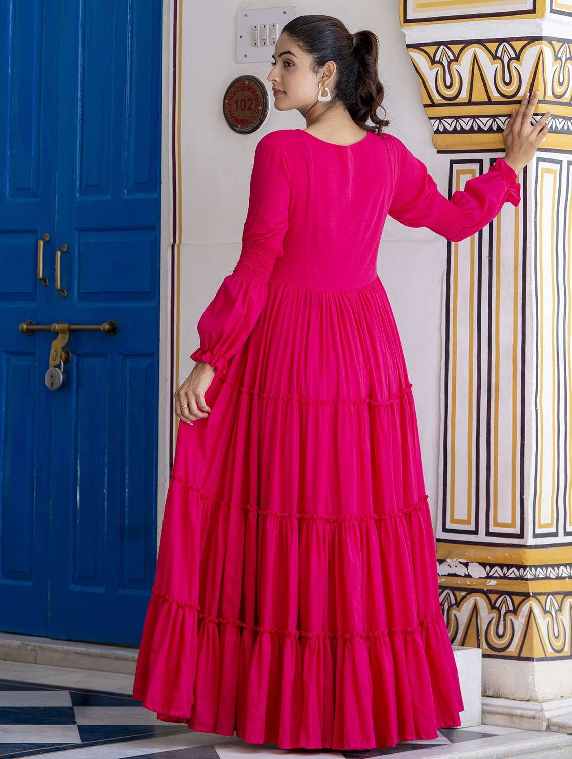 women solid long sleeve tiered ethnic dress - 22079884 -  Standard Image - 2
