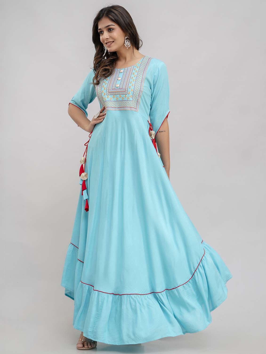 women embroidered three quarter sleeve ethnic dress