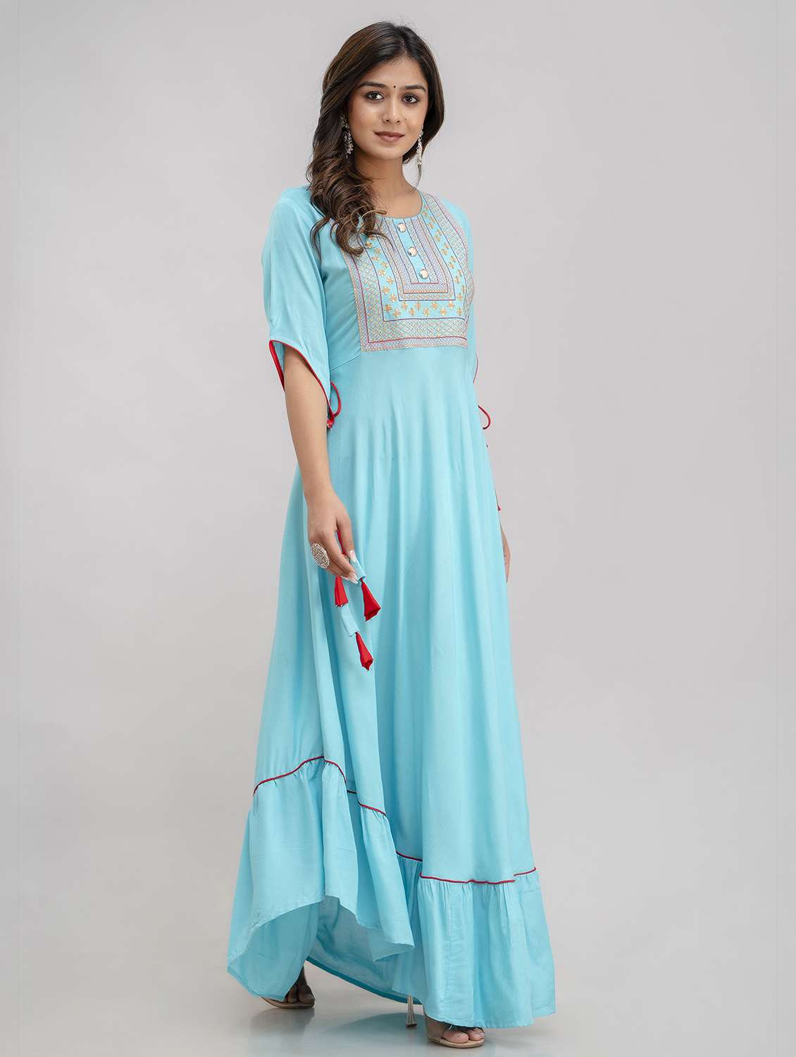 women embroidered three quarter sleeve ethnic dress - 22079888 -  Standard Image - 2