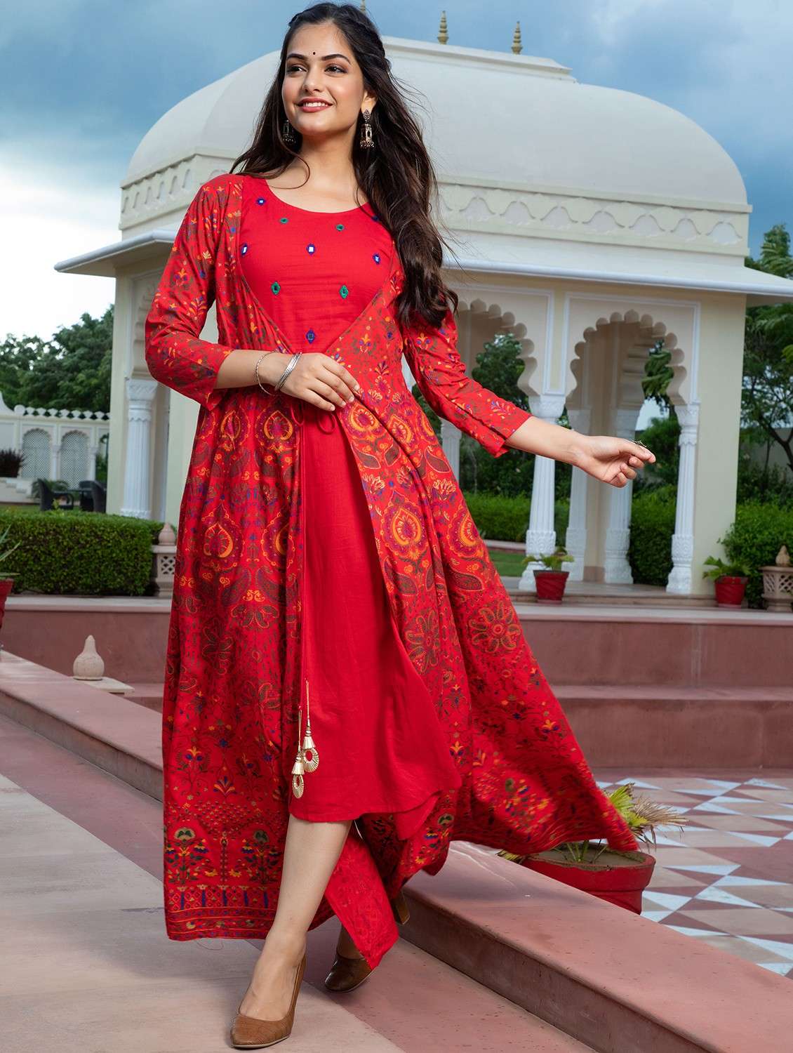 women printed three quarter sleeve ethnic dress - 22079894 -  Standard Image - 2