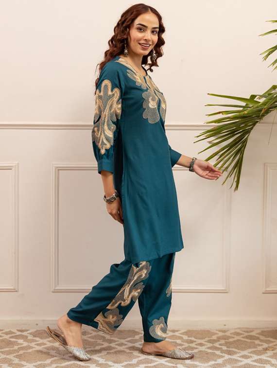 women solid with work three quarter sleeve ethnic co-ord set - 22079904 - Standard Image - 2