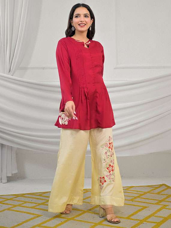women solid with work long sleeve ethnic co-ord set - 22079907 - Standard Image - 2