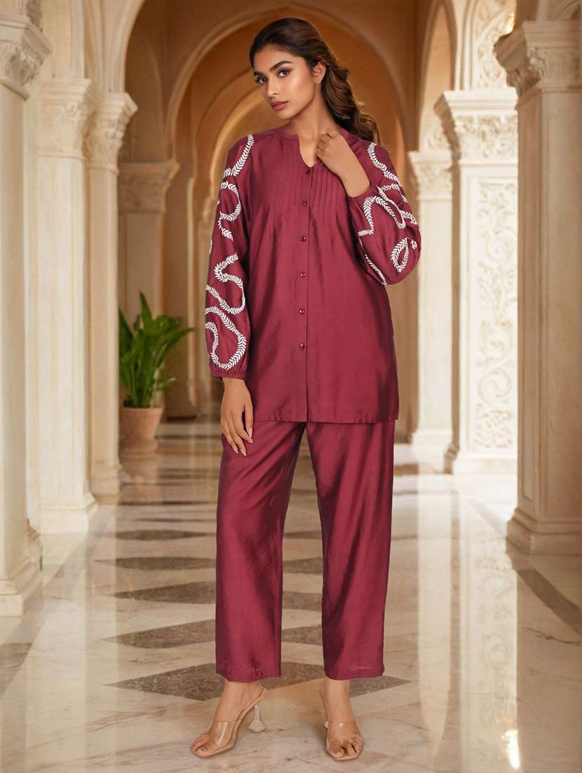 women solid with work long sleeve ethnic co-ord set - 22079915 - Standard Image - 2