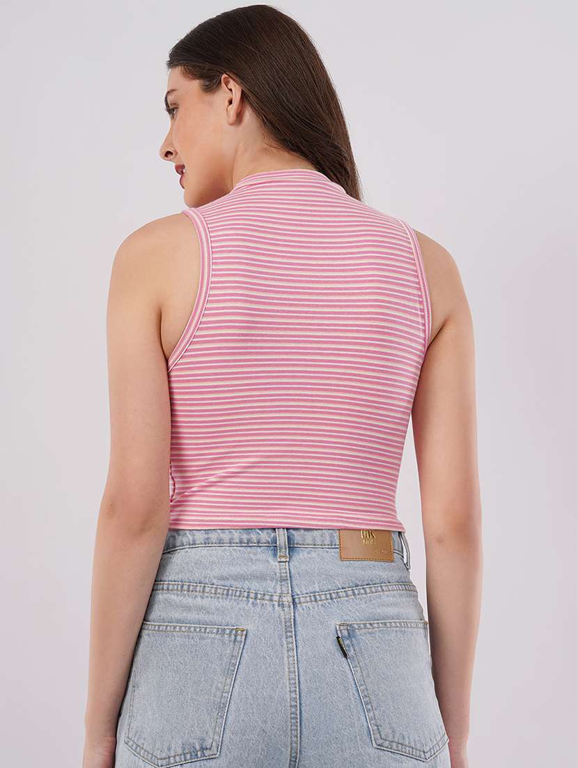 women striped mock neck sleeveless crop top - 22079938 - Standard Image - 2